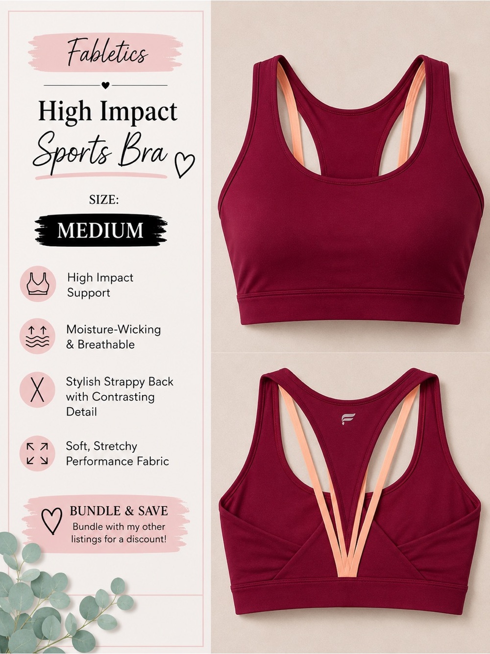 Fabletics Burgundy Sports Bra with Peach Contrast Straps